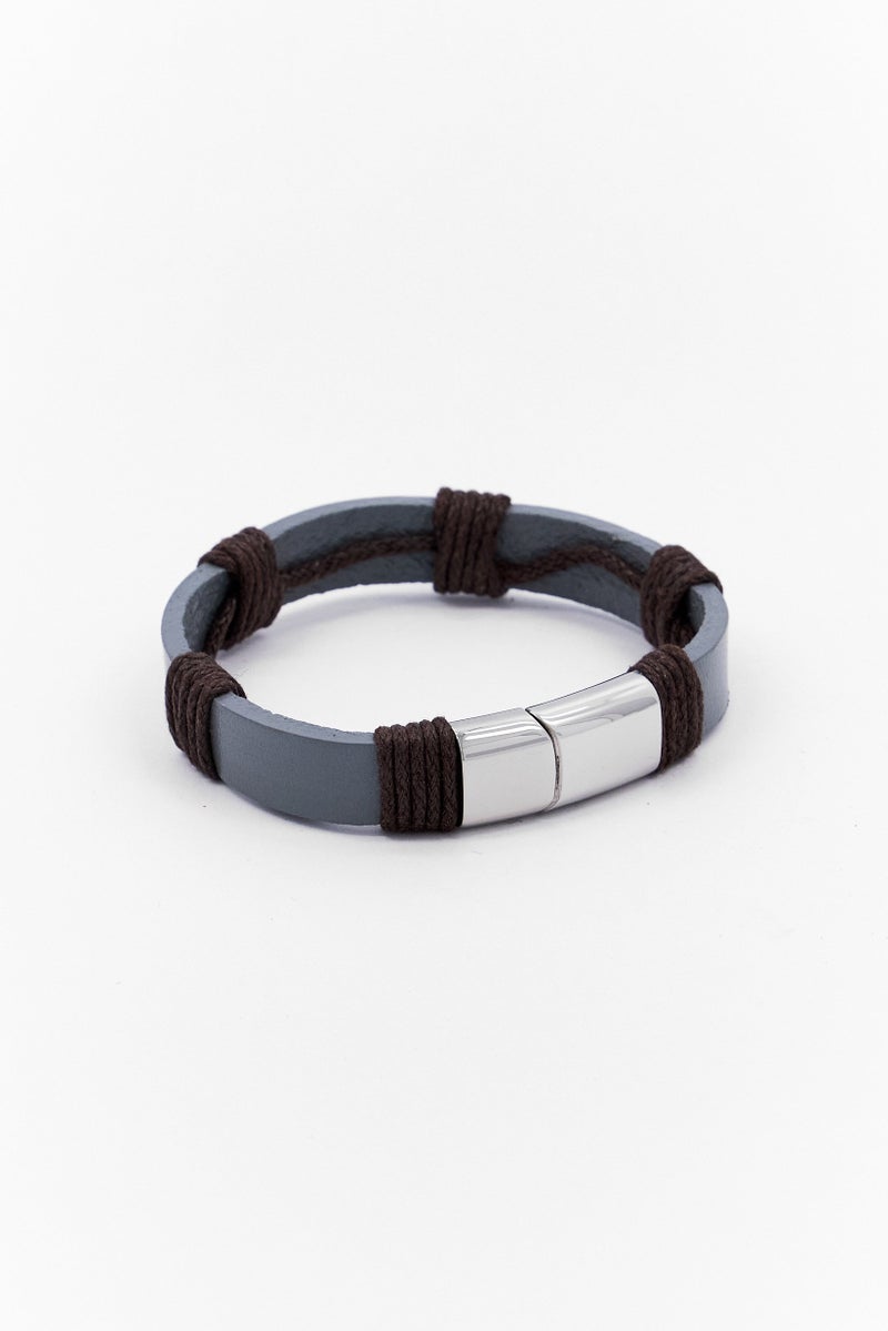 Steeltime Men Leather And Stainless Steel Bracelet, Grey - Image 2